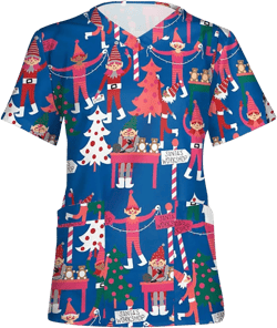 HTHLVMD Christmas Print Working Uniforms for Women,Breathable Snowman V-Neck T-Shirts Tee Tops with Pockets #07 Blue X-Large