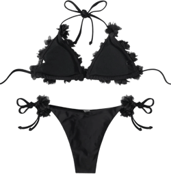 GORGLITTER Women's Appliques Triangle Bikini Set Halter Wireless Bra and Tie Side Thong Swimsuit Set Black Medium