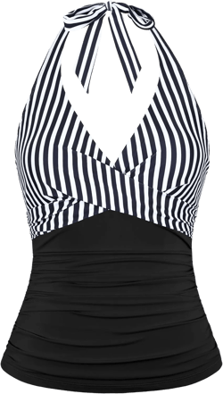 coastal rose Women's Underwire Tankini Top Twist Halter V Neck Swim Top Only Ruched Tummy Control Bathing Suit Tops 10 Black White Stripe