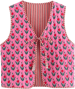 Women's Y2K Sleeveless Floral Quilted Puffer Vest Open Front Tie Cropped V-Neck Outwear Vest Lightweight Two-Sided Wearable Pink Flower Small
