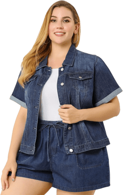 Agnes Orinda Women's Plus Size Denim Jacket Short Sleeve Lapel Button Front Work Western Outfit Jean Jackets 4X Navy Blue