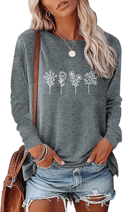 Women's Floral Graphic Tees Shirt Long Sleeve Fall Crew Neck Fashion Wildflower Floral Printed Pullovers Tops