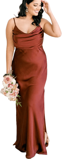 Women's Boho Satin Bridesmaid Dresses Long Cowl Neck Formal Wedding Evening Dress with Side Slit M008 Rust 16