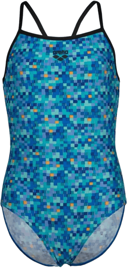 ARENA Performance Girls' Pool Tiles Front-Lined Light Drop Back Swimsuit Pool Training Swim Team Competitions Bathing Suit 28 Black/Blue Multi