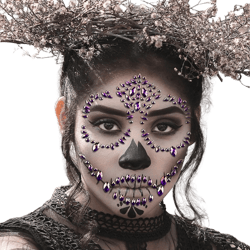 Halloween Rhinestone Suger Skull Face Tattoo Stickers Face Jewels Gems Day Of The Dead Skull Face Decals Temporary Tattoo Kit Face Rhinestones For Makeup Women Kids Festival Party Cosplay (Purple) tattoo-purple