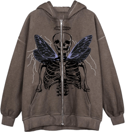 Sunwittafy Y2k Zip Up Hoodie for Women Oversized Skull Skeleton Hooded Sweatshirt Aesthetic Graphic Casual Jacket Streetwear