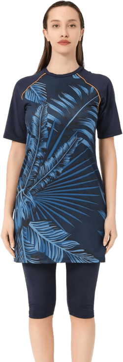 Half Sleeve Modest Swimsuits Burkini for Women 4 Pcs | Water Repellent Top, Leggings, Cap and Underwear | Swimsuit Medium Navy Blue