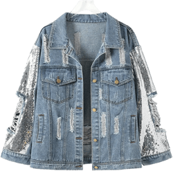ebossy Women's Glitter Sequined Sleeve Ripped Hole Destroyed Oversized Denim Jean Jacket
