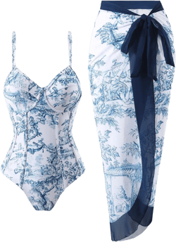 Women's One Piece Swimsuit with Cover Up Sarong Swimsuits for Women Printed Bathing Suit with Cover Up Set Wrap Slimming Two Piece Bathing Suit Blue Floral Small