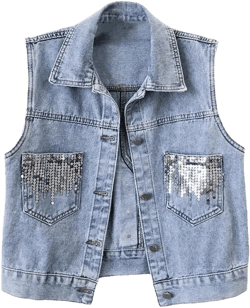 Generic Sequins Splicing Big Pocket Denim Vest Women Waistcoat Cowboy Sleeveless Jacket Loose Short Jeans Vest Medium Blue