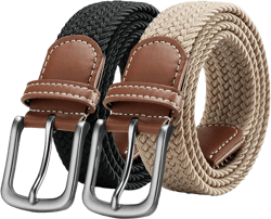Zitahli mens belt 2 Pack - Mens Casual Stretch Braided Belts Elastic 1 3/8" for Golf Hunting Pants Jeans Black/Beige 42" to 48" Waist Adjustable