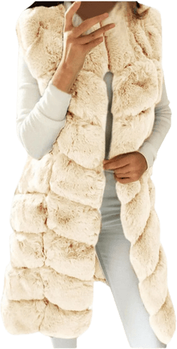 Womens Faux Fur Winter Coats Sleeveless Warm Jacket Sherpa Vest Plus Size Fuzzy Fleece Long Coat Outerwear with Pocket 4X-Large Beige