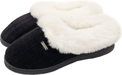 Chenille Fuzzy Fluffy House Slippers For Women,Memory Foam Slip-on Slipper Plush Fur Collar Comfy Warm Bedroom Slippers Indoor & Outdoor 5-6 Black