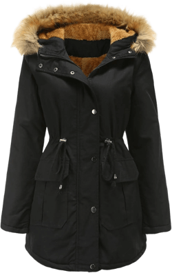 DGHM-JLMY Fashion Coats Women Warm Winter Thick Padded Loose Fleece Outerwear Waist Drawstring Faux Fur Hooded Jacket Coat Black Large