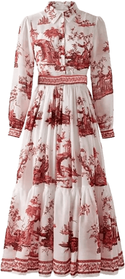 Women Spring Vintage Floral Print A Line Midi Long Dress Lady Elegant Office Work Dress XX-Large Red