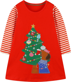 Hongshilian Girls Cotton Chirstmas Dress Long Sleeve Cartoon Appliques Casual Playwear Dresses 4T Christmas Tree & Puppy