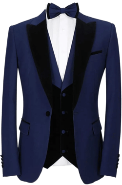Mens Fashion Velvet Peak Lapel Men Suit 3 Pieces Blazer Velvet Rolled Collar Vest Pant Party Tuxedo 3X-Large Navy Blue