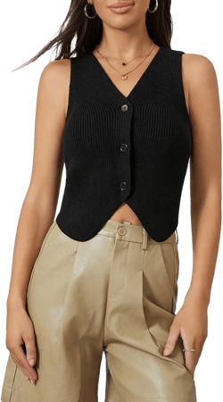 Women Y2k Crochet Vest Top Vintage Solid Color V Neck Sleeveless Button Down Crop Tops Streetwear Small Black