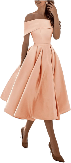 Off Shoulder Bridesmaid Dress with Pockets A Line Midi Homecoming Dress Satin Cocktail Dress BS234 A-blush 4
