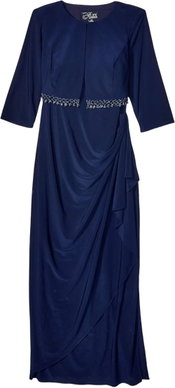 Alex Evenings Women's Plus-Size Lace Bolero Jacket Dress with Side Ruched Skirt Navy Beaded Fringe 24 Plus
