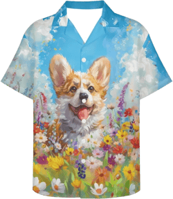 GLUDEAR Mens Cool Hawaiian Shirts Novelty Wolf Print Button Down Loose Fit Holiday Hawaii Aloha Shirts Plus Size 2XS-5XL Large Sky Floral Corgi