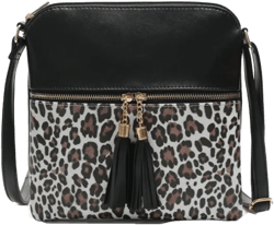 YAQUNICER Women Leopard Print Crossbody Handbag Tassel Pendant Small Shoulder Bag Black