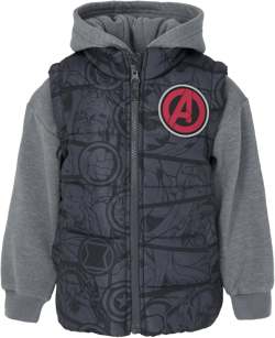 Marvel Avengers Iron Man Thor Captain America Zip Up Vest 2fer Jacket and Pullover Fleece Hoodie Toddler to Big Kid 7 Multicolor / Gray