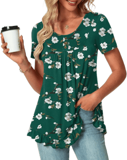 POPYOUNG Tunic Tops for Women Dressy Loose Fit Casual Short Sleeve Long Shirts Ruffled Hem Blouse wear with Leggings