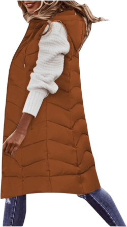 Women's Long Puffer Vest Hoodies Jacket Full Zipper Sleeveless Coats Thickened Warm Slim Quilted Windbreakers XX-Large C_bw