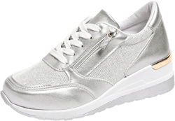 Women's Silver & White Lace-Up With Zipper Casual Sneakers, Modern Sporty Style Suitable For Women's Daily Sports / Casual Wear