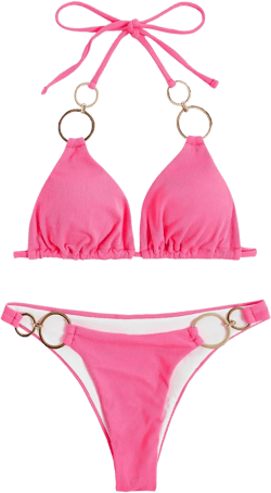 GORGLITTER Women's Ring Swimsuit Triangle Halter Tops High Cut Thong Bikini Set Ribbed Knit Bathing Suit : Clothing, Shoes & Jewelry