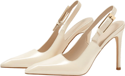 Coutgo Women's Slingback High Heels Pointed Toe Stilettos Metal Buckle Dress Party Pump Shoes 7 Creamy White