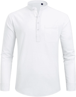 J.VER Men's Linen Roll Up Long Sleeve Shirt Cotton Casual Beach Shirts Henley T-Shirt Band Collar Vacation Tops with Pocket