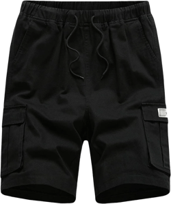 Men's Elastic Waist Cargo Shorts Relaxed Fit Casual Drawstring Outdoor Shorts Multi Pockets Summer Short Pants Black Large