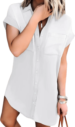 Zilcremo Women Denim Shirt Dresses Short Sleeve Distressed Jean Dress Button Down Casual Tunic Top X-Large White