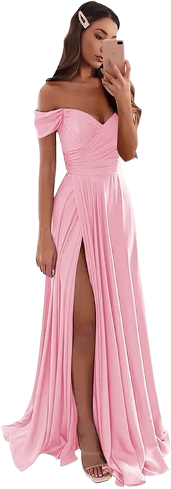 Satin Bridesmaid Dresses Long V Neck Ruched Off The Shoulder Formal Prom Dresses for Women Pink 18 Plus