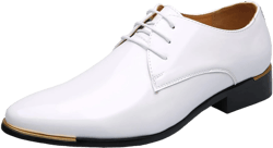 Men Dress Shoes Fashion Wedding Tuxedo Oxford Shoes Classic Pointed-Toe Lace-up Patent Leather Formal Shoes for Men 9.5-10 White