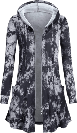 Miusey Womens Zip Up Long Hoodie Jacket Lightweight Tunic Sweatshirt Open Front Cardigan Tie Dye Black XX-Large