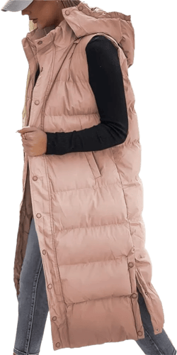 Grlasen Women's long Quilted Vest hooded sleeveless Button Down puff vest cotton padded jacket winter coat Small Pink