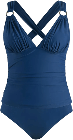 CUPSHE Tankini Bathing Suit for Women V Neck Ruched Two Piece Swimsuit O-Ring Cross Back Self Tie Mid Rise Small Dark Blue