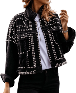 APAFES Women's Fashion Crop Fringe Denim Jacket Distressed Western Studded Black Trucker Jacket at Amazon Women's Coats Shop