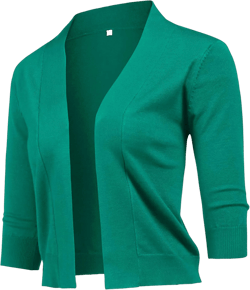 URRU Women's Classic 3/4 Sleeve Open Front Cropped Cardigan Sweater Lightweight Knit Short Shrugs XX-Large Green