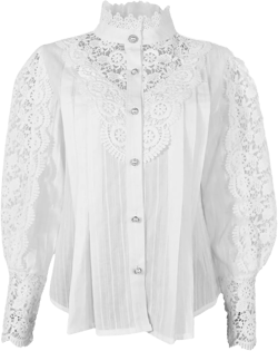 Women’s Elegant Lace Trim Shirts Solid Color V-Neck Casual Victorian Blouse Long Sleeve Button Down Tops White Large