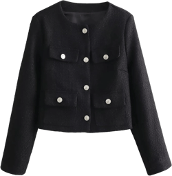 Xaspee Women's Cropped Tweed Jacket Collarless Long Sleeve Button Down Office Business Blazer Jacket with Pockets Large Black