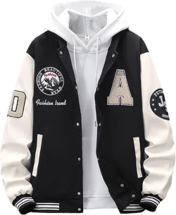 SHENHE Men's Letter Print Varsity Jacket Color Block Streetwear Bomer Baseball Jacket Small Black and White