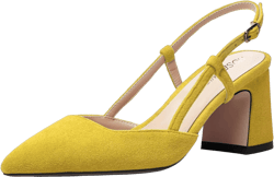 ROSERWISH Womens Slingback Pointed Toe Comfortable Dress Suede Wedding Buckle Block Mid Heel Pumps Shoes 2.5 Inch 13 Yellow
