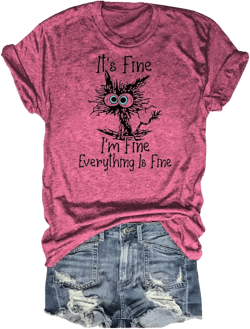 Women's I'm Fine Everything is Fine T-Shirts Short Sleeve Sayings Oversized Casual Cute Cat Graphic Tee Blouse Tops Large 00 Rose Red