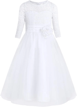 JEATHA Kids Wedding Bridesmaid Flower Girl Dress Half Sleeves Floral Lace Splice Mesh Tulle Ball Gown 10 White
