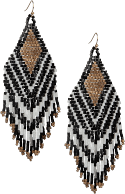 SPUNKYsoul Handmade Beaded Boho Earrings, Ombre Mixed Metallic Seed Bead Long Fringe Statement Earrings, Jewelry for the Modern Bohemian Women (GOLD,BLACK & WHITE)