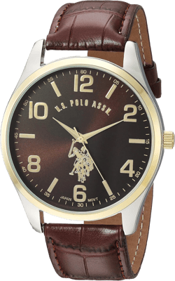 U.S. Polo Assn. Men's Brown Dial Watch with Gold-Tone Bezel and Croc-Embossed Strap – Analog Quartz Timepiece in Gift Box Fits Wrists 5.5"-8" with 44mm Silver-Tone Case